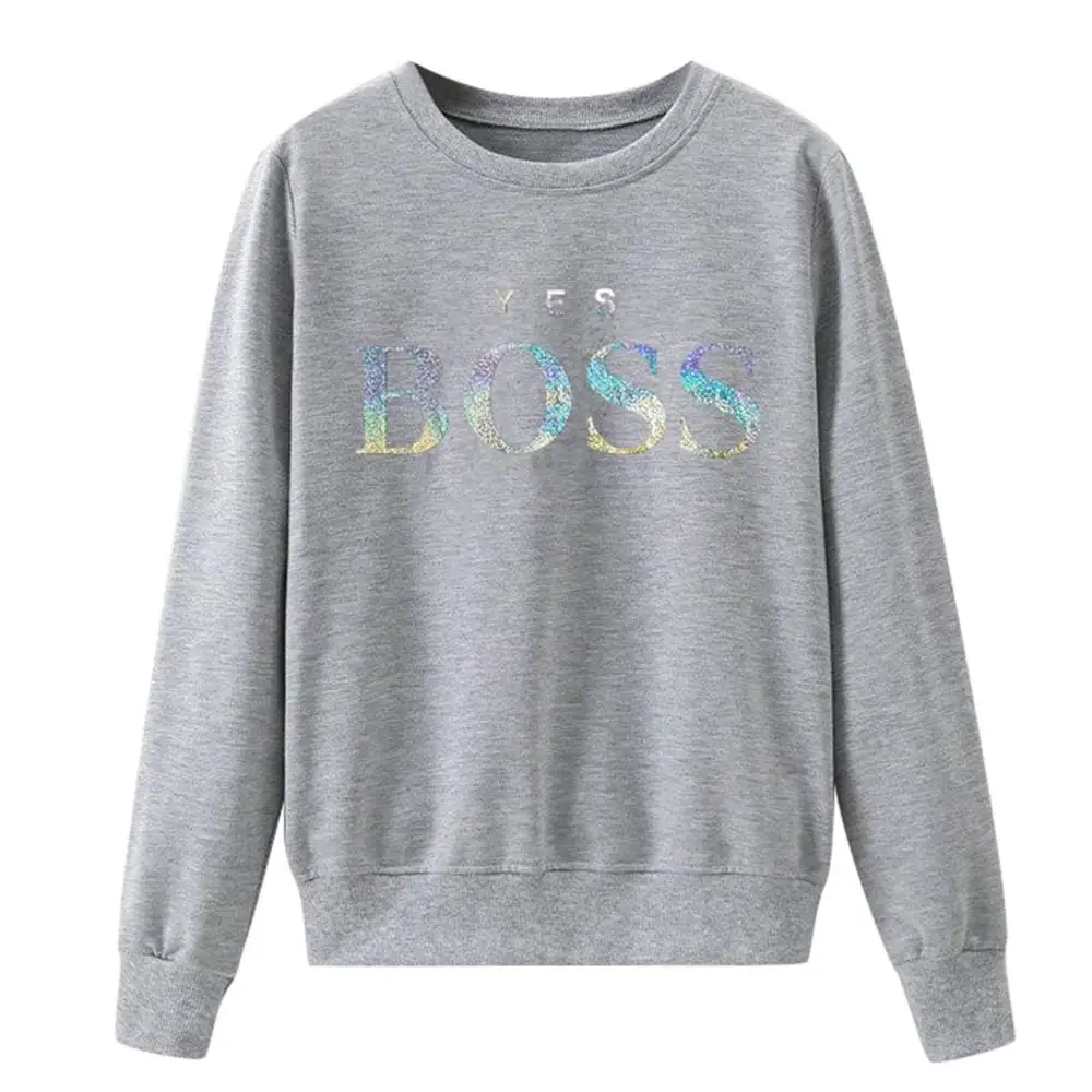 Gray Women Sweatshirt Women Fall Yes Boss Letter Printed Hoodie Sweatshirt Ladies Long Sleeve Pullover Jumper Sudadera Mujer - Цвет: Gray