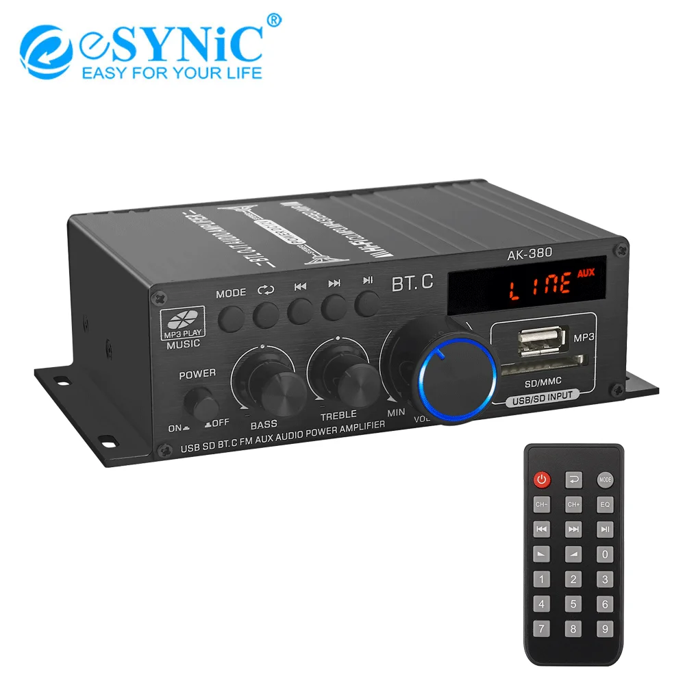eSYNiC AK-380 Mini Audio Power Amplifier 2.0 CH Bluetooth-compatible 5.0 Receiver Bass &amp Treble Control Music Player Sound Amp |