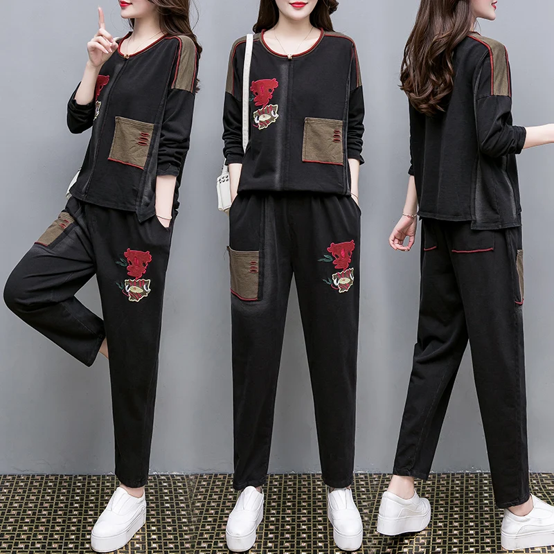 

2021 spring women's plus size stitching holes Art Distressed tops+pants tracksuits female vintage large size two-piece sets