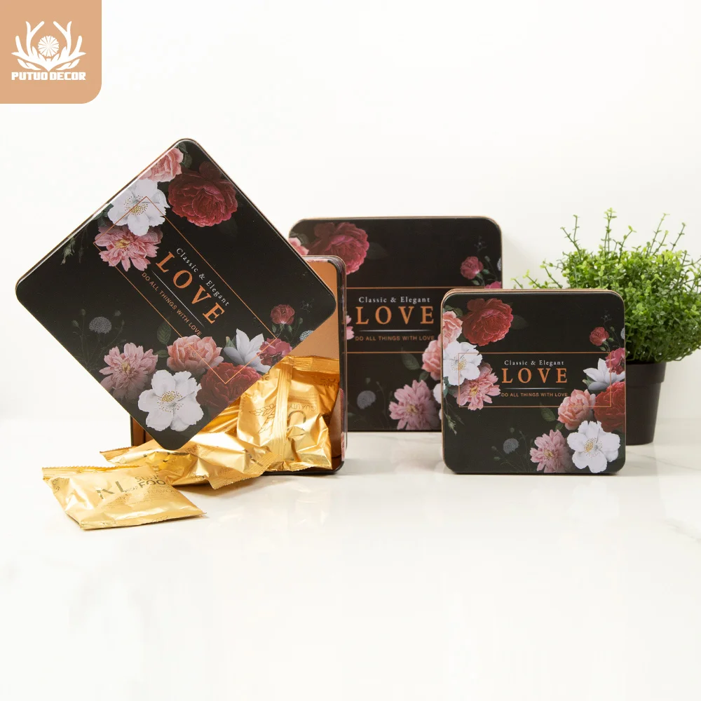 

Putuo Decor Love Set of 3 Square Cookie Chocolate Tins Nesting Boxes Party Favor Supplies for Metal Lid Cover By Gift Boutique