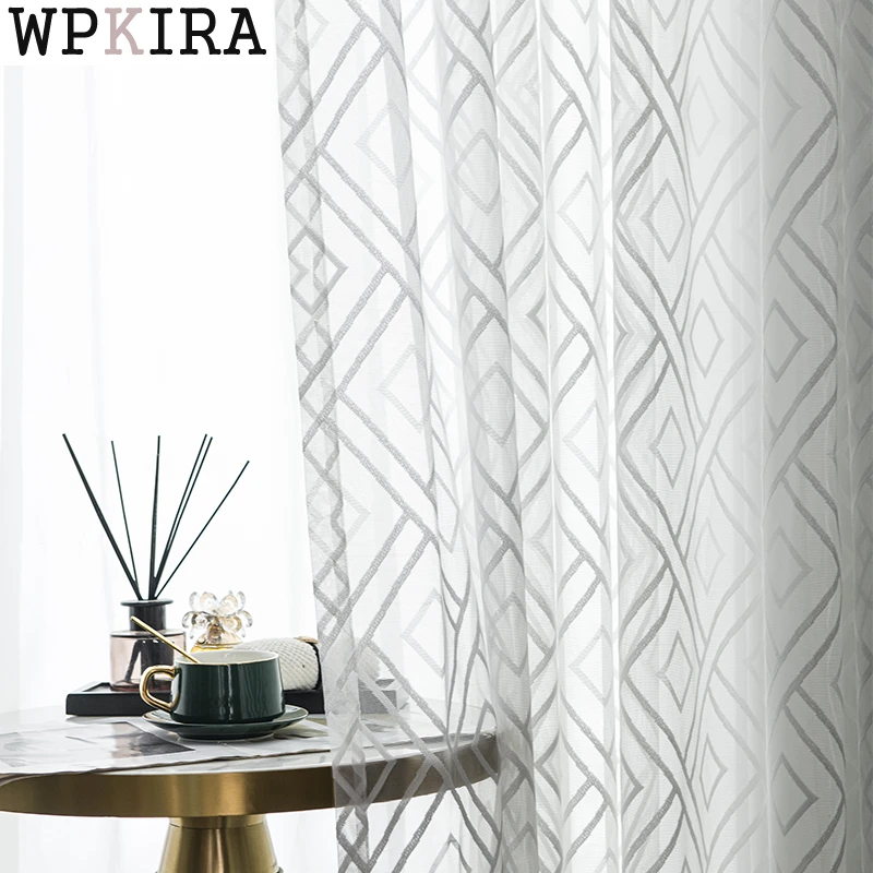 

Modern Fashion White Lattice Curtain for Living Room Sheer Drape Embroidery Voile Bay Window Mesh Fabric Partition S044#E