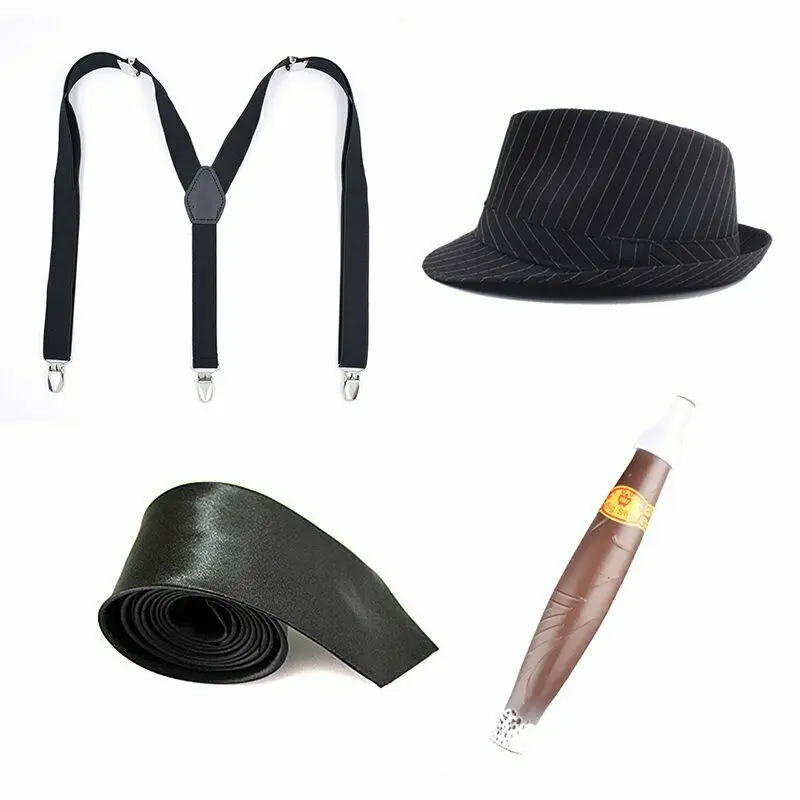 Black Ecoparty 1920s мужские аксессуары Гэтсби Гангстерский костюм аксессуары набор Newsboy плоская шляпа Y костюмы на Хэллоуин для мужчин взрослых - Цвет: Black