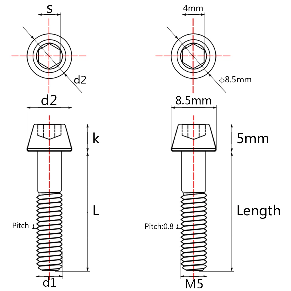 

6 Pcs GR5 Titanium M5x45 50 55 60mm Taper Head Titanium Bolts DIN912 Screws for Bicycle Stem Seatpost Bike Parts