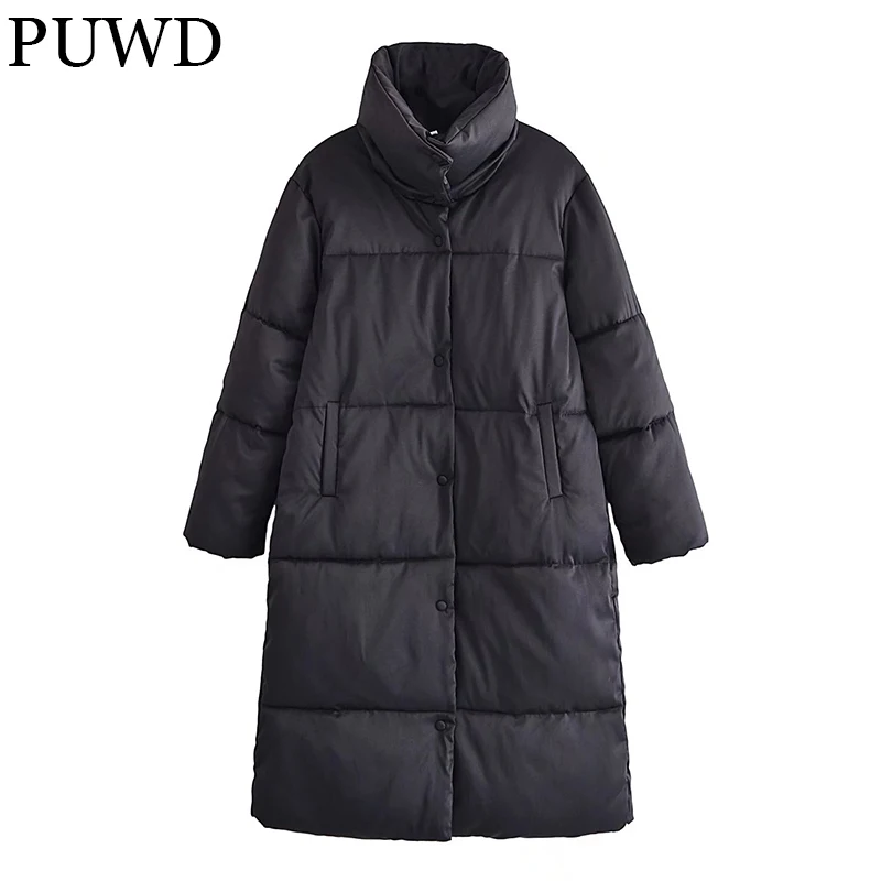 

PUWD Oversized Women Stand-up Collar Long Cotton Jacket 2021 Winter Warm Streetwear All-match Vintage Parka Loose Female Outwear