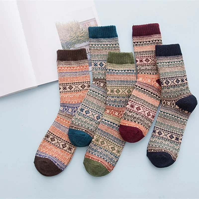 Warm Autumn Winter Retro Wool Men Socks Vintage Fashion Male 5 Pairs