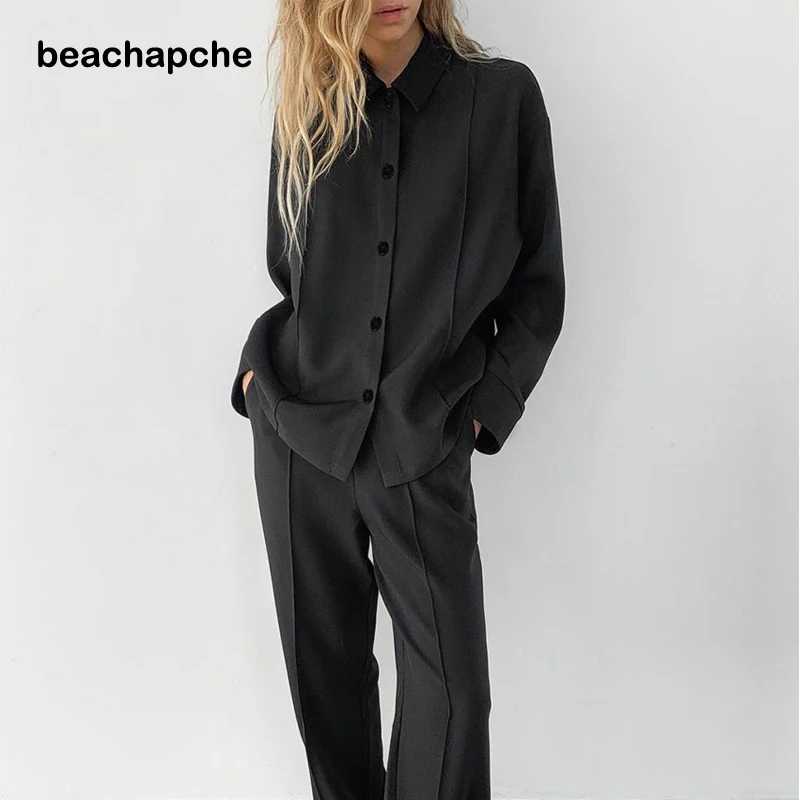 Beachapche Vintage Black Trousers Women Casual High Waist Wide Leg Pants Jersey Pleated Classic Trousers Ladies Zip Spring 2021
