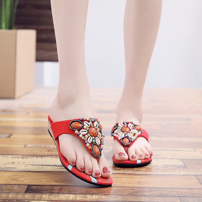 

String Bead Med Rubber Flip Flops Slippers Women Summer Slides Female Shoes On A Wedge Hawaiian 2021 Fabric Scandals Ethnic Flor