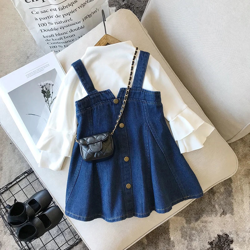 

2021 3-8Y Boutique Toddler Kids Baby Girls Flare Long Sleeve White T shirt Tops+ Denim Strap Dress 2pcs Outfits Set
