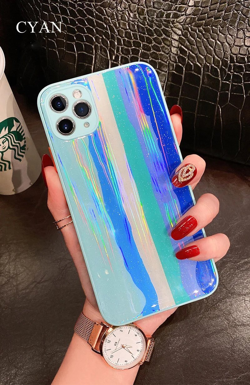 

3D Rainbow Glitter Case For iPhone 12 Mini 11 Pro Max XR X XS Max 7 8 6S Plus Case Skin Feel Back Laser Cover Coque Capa #EW