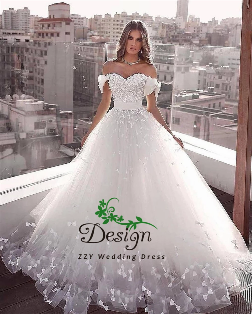 Vestidos De 15 Anos Пышное Платье с открытыми плечами Белое Бальное Платье c аппликациями с бантом Бальные платья с длинным шлейфом
