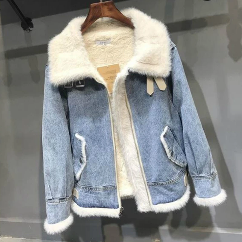 Зимние новые короткие кашемировые женские джинсовые куртки утолщенная овечья