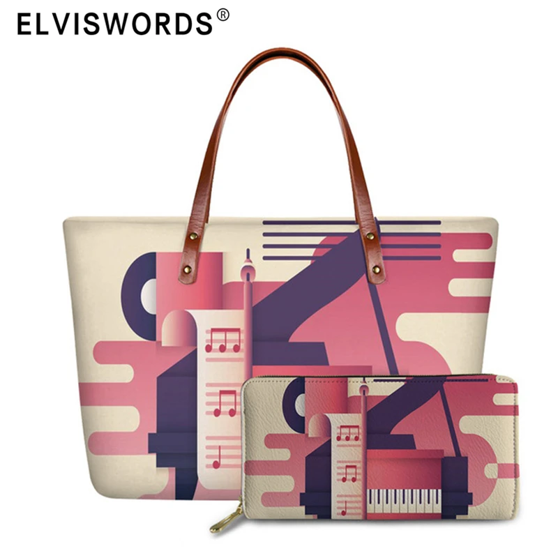 ELVISWORDS Fashion Women Luxury Handbags Purse Set Music Note Printed Shoulder Bags Wallet Large Totes Bags Female Bolsos Mujer