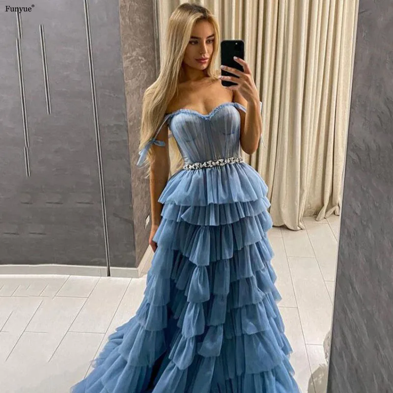 

Delicate Sweetheart Princess Prom Dress 2021 Sexy Off the Shoulder A-Line Evening Party Gown Puffy Tiered Tulle Vestidos De Gala
