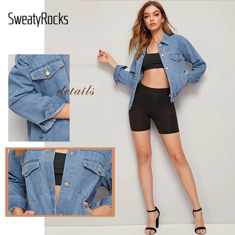 SweatyRocks синяя джинсовая куртка с двумя карманами и открытыми плечами уличная Женская куртка летняя повседневная спортивная одежда пальто и топы