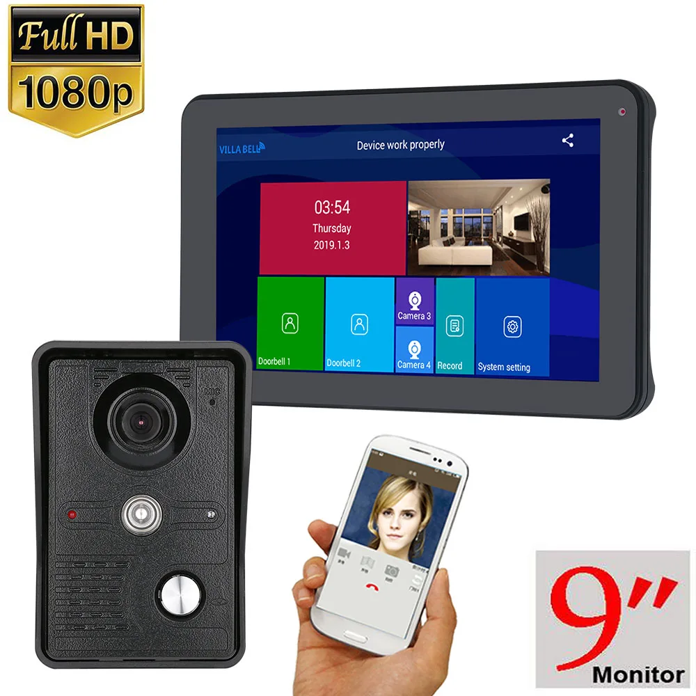 1080P 9 Inch Wireless/WIFI Smart IP Video Door phone Doorbell Intercom System with 3 Night Vision Monitor + 2 Camera | Безопасность и