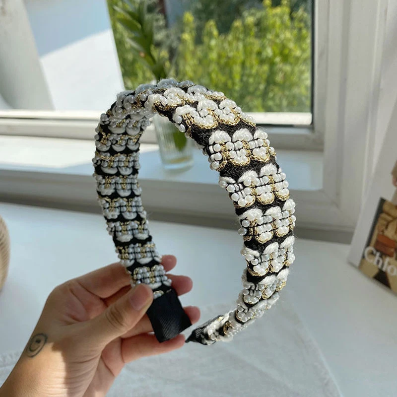 

Winter Pearl Wool Headband Wide Brim Hair Hoop Woven Face Wash Hairband Wave Alloy Pearls Knitting Head Hoop Hair Accessories