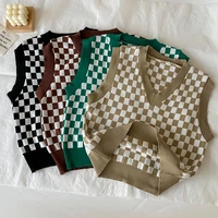 plaid v neck knitted women tank tops autumn 2021 female preppy style vest sleeveless woman clothes crop top mujer sweater vests