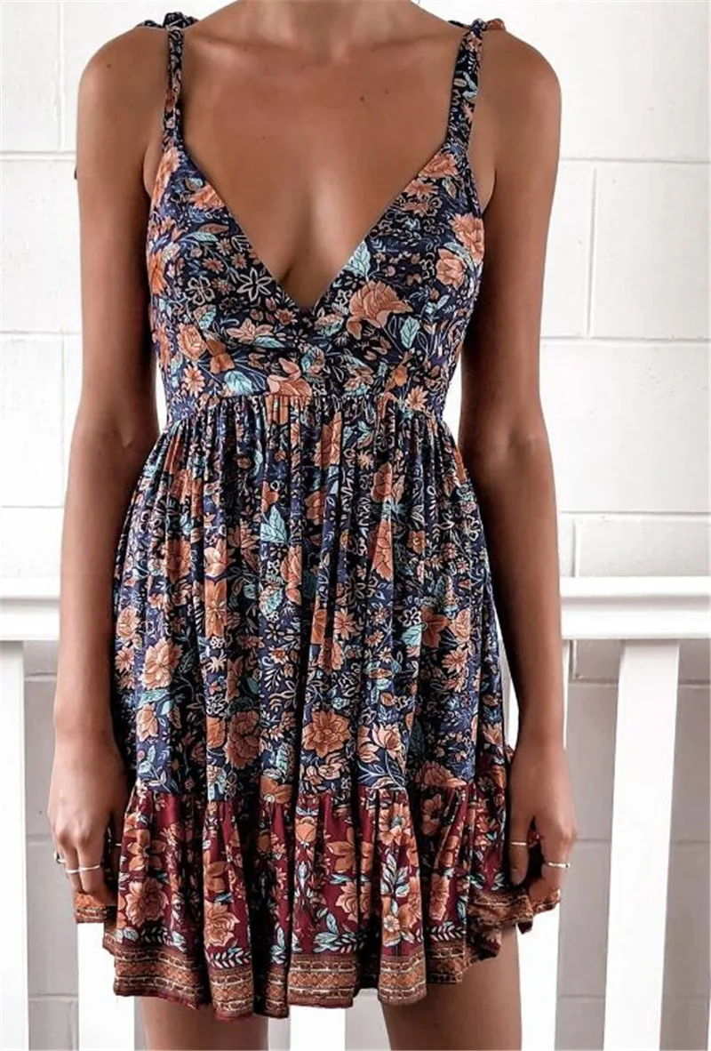 

Europe and the United States spring and summer hot wish dress sexy suspender low cut print dress