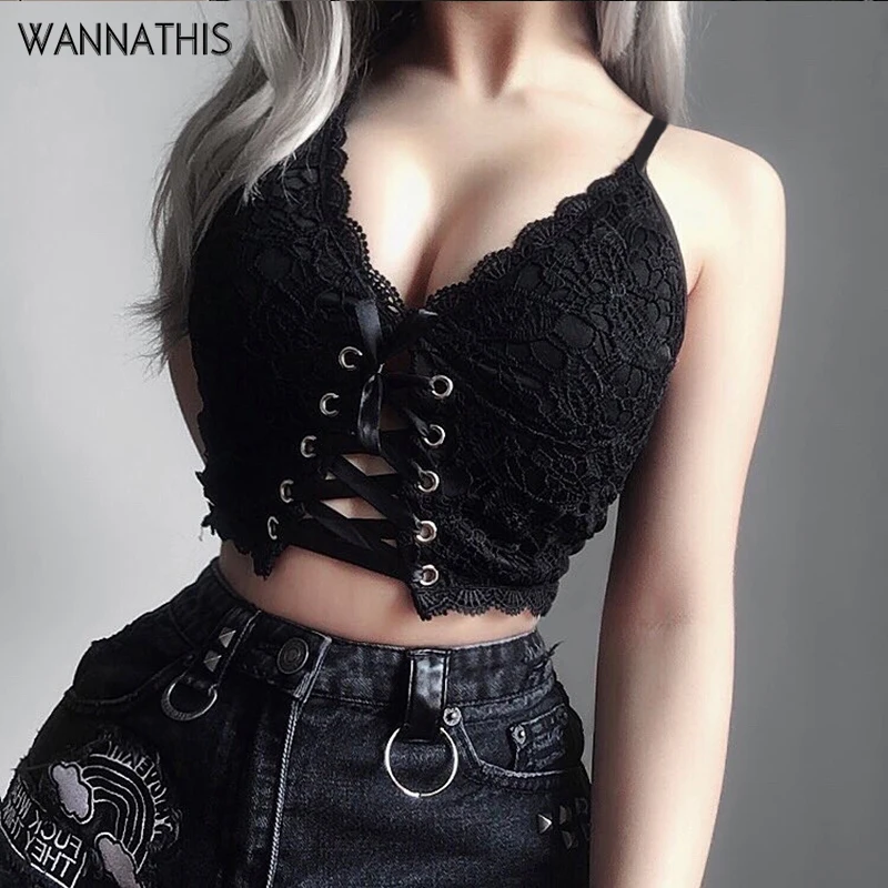 WannaThis Сексуальная кружевная бандажная кофта с v-вырезом для женщин Gothis черные бретельки топы на бретелях женские без рукавов облегающий тонкий кружевной топ