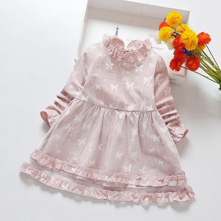 Baby Long Sleeves Lace Pure color Butterfly Pattern Children's Wear Dress Fashion O-neck Children Dresses For Wedding Party | Детская