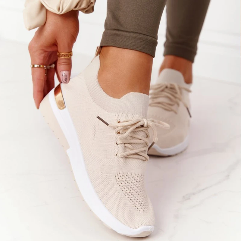 

Summer Women Sneakers Wedges Mesh Vulcanized Shoes Solid Color Anti-Slip Casual Lady Sneakers Comfy Breathable Lace-up Shoes New