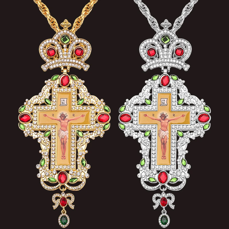 

Fashion Hip Hop Bling Rhinestone Pendant Necklace Orthodox Jesus Crucifix Long Necklace Pectoral Cross Big Medal Items