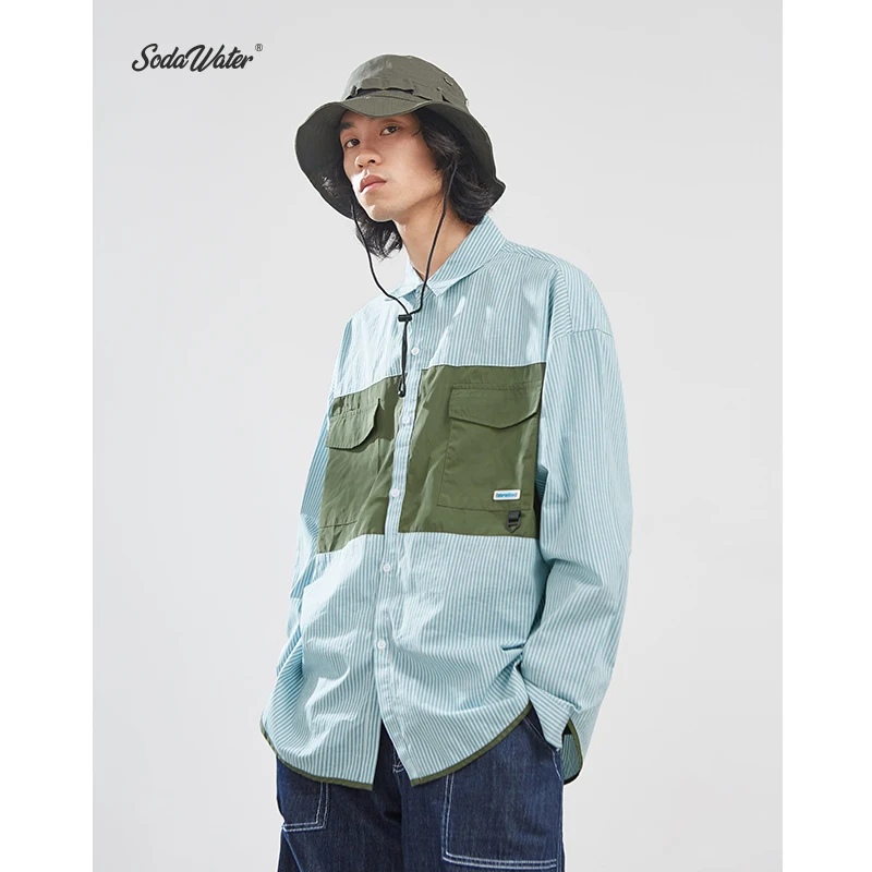 Sodaводяная Мужская рубашка уличная одежда с длинным рукавом Лоскутная полосатая