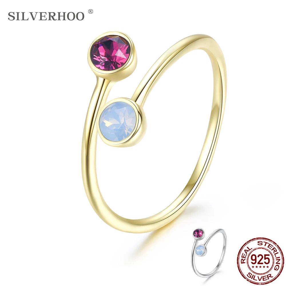 

SILVERHOO 925 Sterling Silver Rings For Women Adjustable Opening Romantic Color Austria Crystal Female Wedding Ring Jewelry