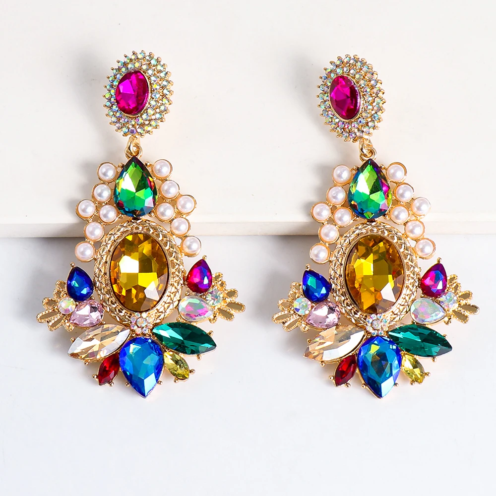 

Geometric Earrings Rainbow Rhinestone Geometric Big Drop Earring For Woman 2021 Wholesale Luxury Brand Ear Ring Women Wedding