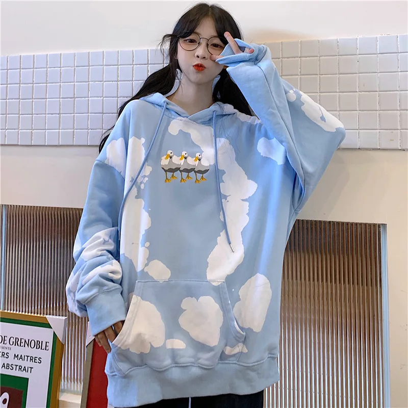 

Длинная женская толстовка с капюшоном, Корейская версия, Повседневная Свободная Весенняя Толстовка небесно-голубого цвета с принтом, пулов...
