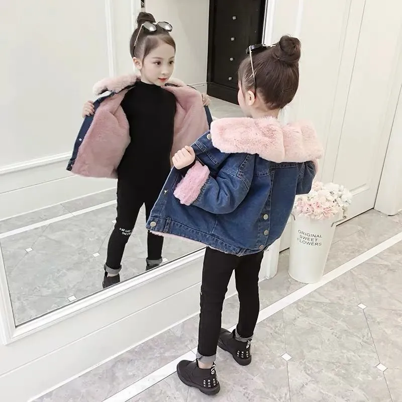 

Spring Winter Girl Coat Cowboy Jackets Warm Clothing Kids Teenage Fashion Children Round Neck Tops Lamb Wool High Quality 2021