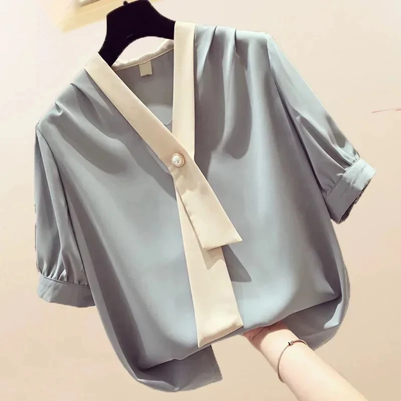 

Блузка женская однотонная с коротким рукавом, модная повседневная рубашка из хлопка для офиса, лето 2021