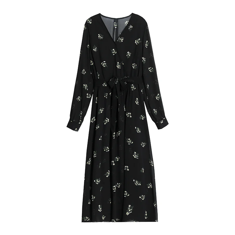 Женское шифоновое платье-миди с длинным рукавом черное винтажное платье