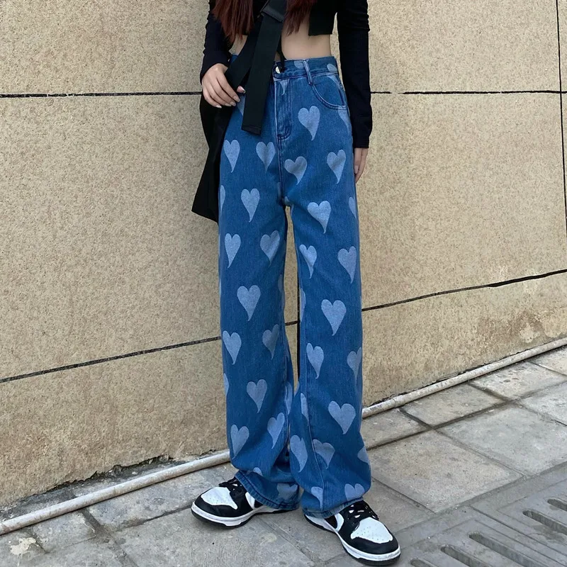 

Women Vintage Pantalon Love Printed Jeans Fashion Y2K Loose Denim Wide Leg Pants Female Sweetpants Plus Size Trousers P042