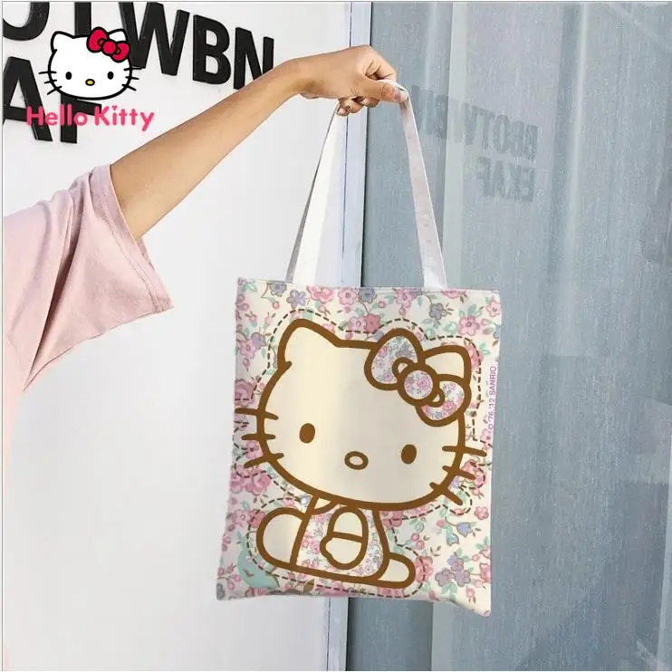 

Hello Kitty Cat Canvas Bag Cartoon Women's Shoulder Bag Portable Green Shopping Bag