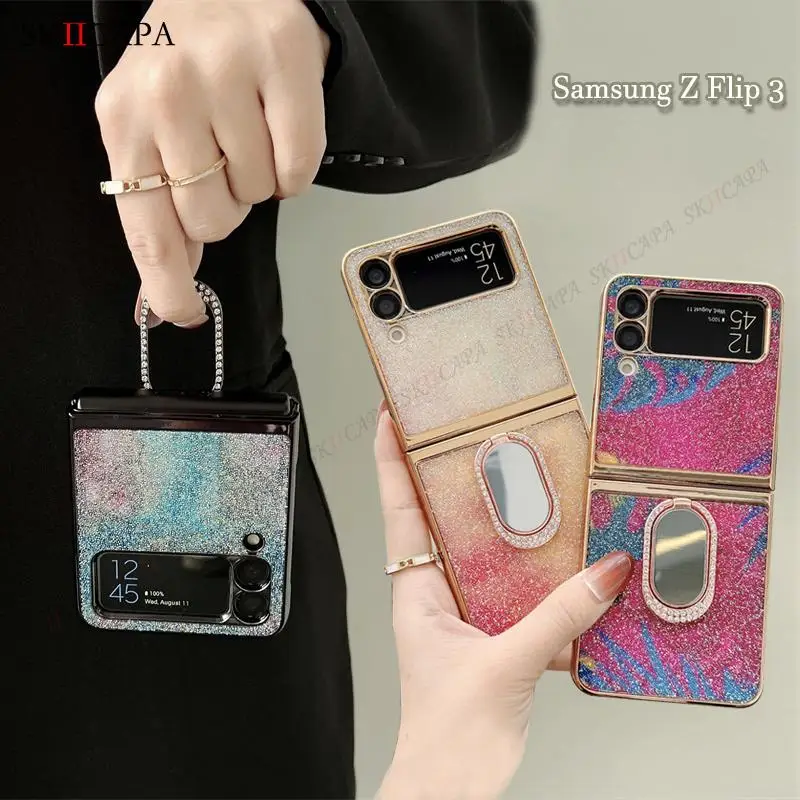 

Bling Diamond Finger Ring Plating Phone Case For Samsung Z Flip3 5G Gradient Glitter Phone Cover For Galaxy Z Flip3 5G SM-F711B