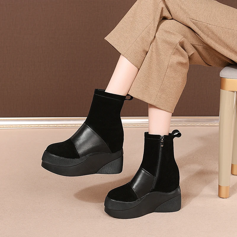 

LDHZXC Fashion Winter Boots Women Winter Newest Platform Genuine Leather Chunky Platform Heels Shoes Woman Party Ankle Boots