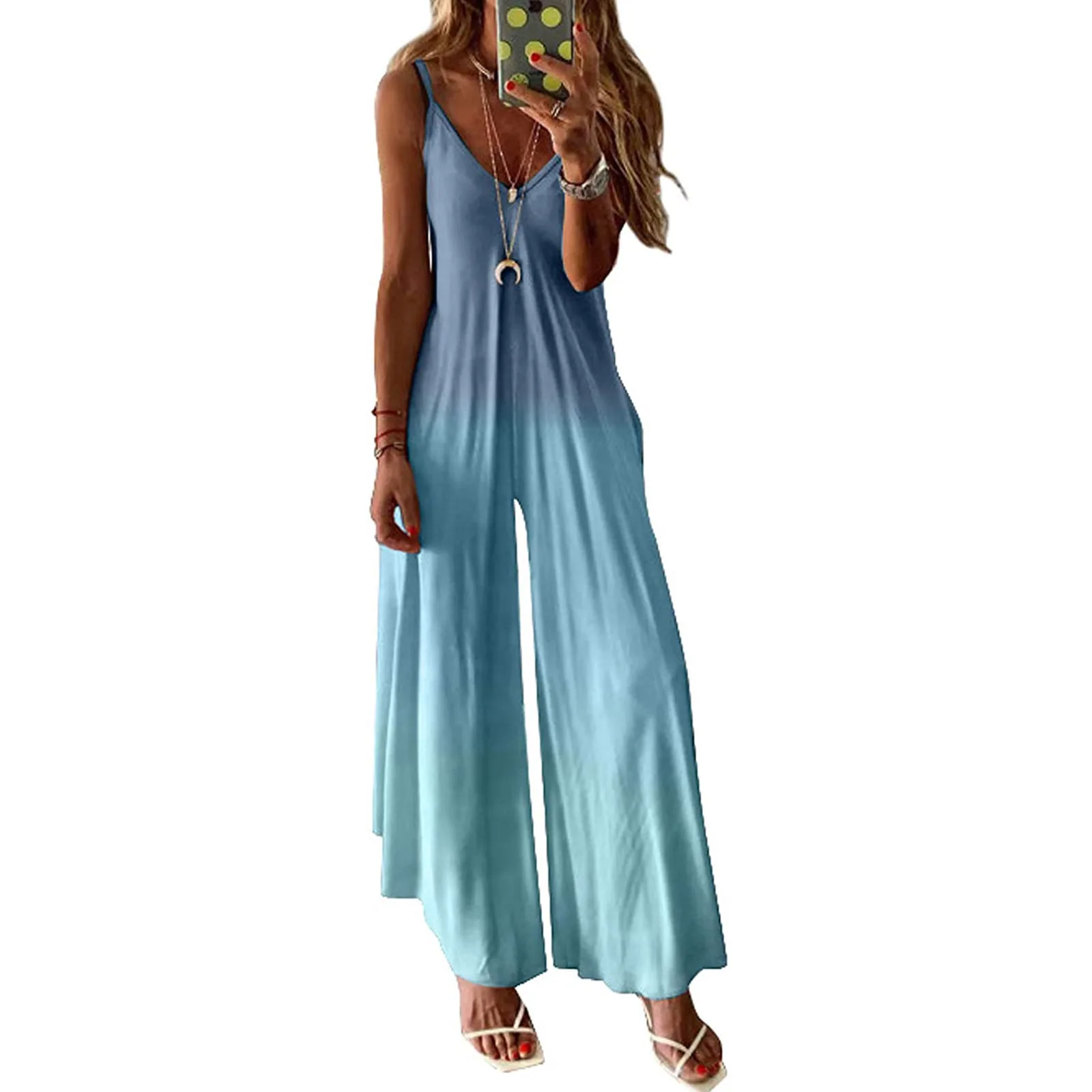 Sexy Jumpsuit Women 2021 Summer V-Neck Wide Leg Pants Pockets Romper Dungaree Sling Overalls One Piece Jumpsuit Dropshipping