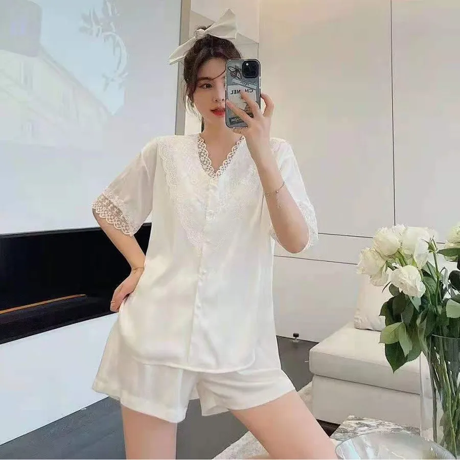 White Sweet Lace Trim 2pcs Pajama Sets Ladies V-neck Shirt&shorts Home Wear Lounge Nightwear Summer  Wome New Ice Silk Sleepwear