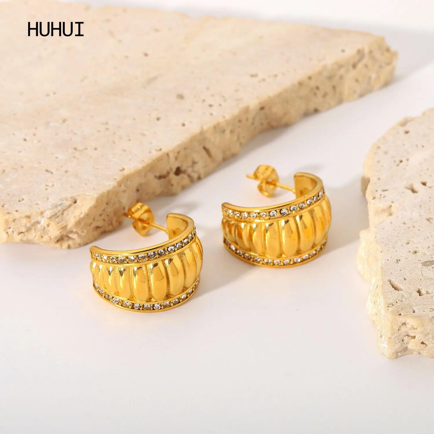 

HUHUI Double-layer Zirconium Earrings C-shaped Ear 18K Gold Stainless Steel Jewelry For Women Exquisite Gift
