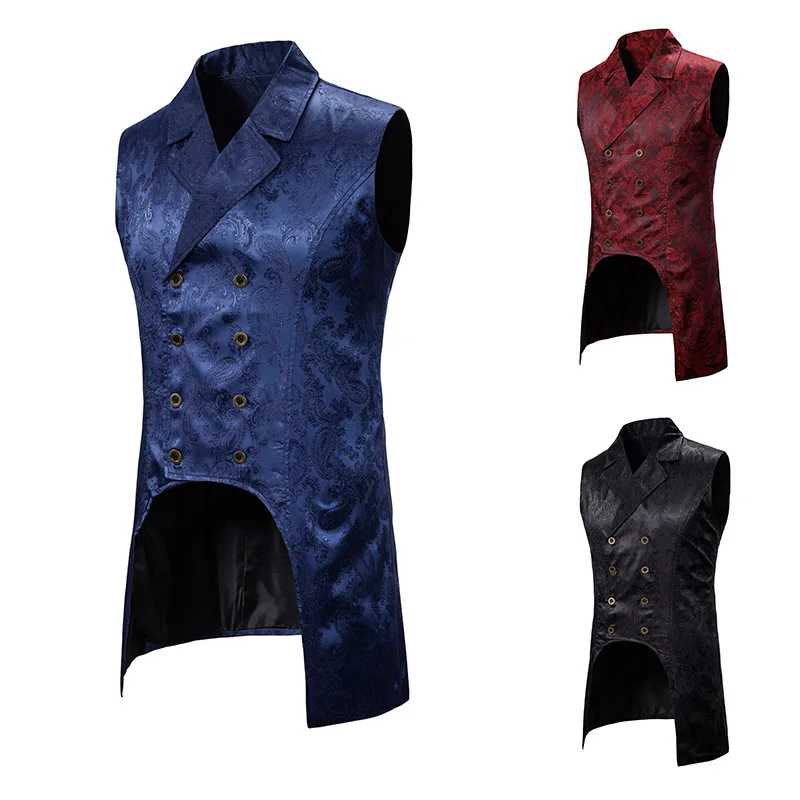Wine Red Paisley Jacquard Long Vest Men Double Breasted Lapel Brocade Waistcoat Mens Gothic Steampunk Sleeveless Tailcoat | Тематическая