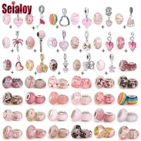 seialoy 2pcslot high quality pink crystal glass beads charm fit diy bracelets rainbow heart pendant handmade jewelry accessory