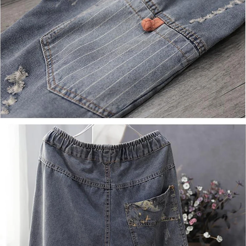 

Ethnic Style Womens Jeans Printed 2021 Spring Autumn High Waist Denim Trousers Vintage Female Ripped Hole Jeans Pant
