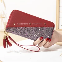 fashion women sequin patchwork glitter wallet female pu leather long coin purses ladies multifunction wristband clutch phone bag