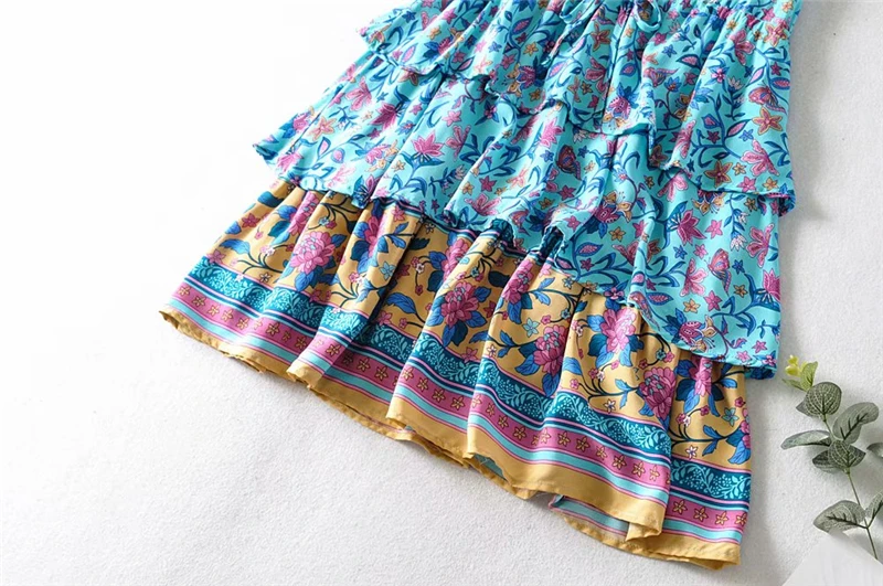 Винтажное шикарное женское пляжное богемное мини-платье с цветочным принтом