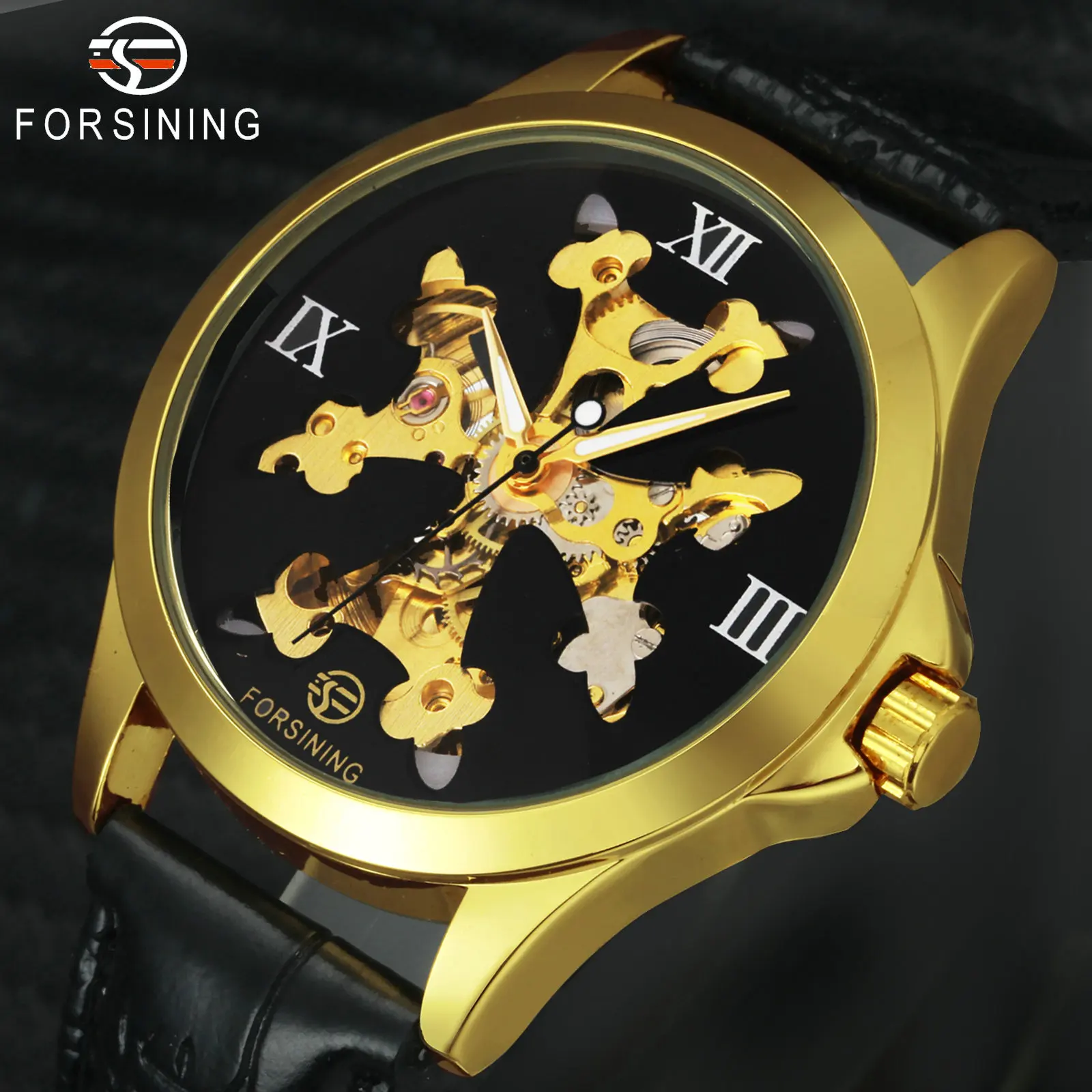 FORSINING авто механические Женские часы Золотые снежинки узор Скелет циферблат