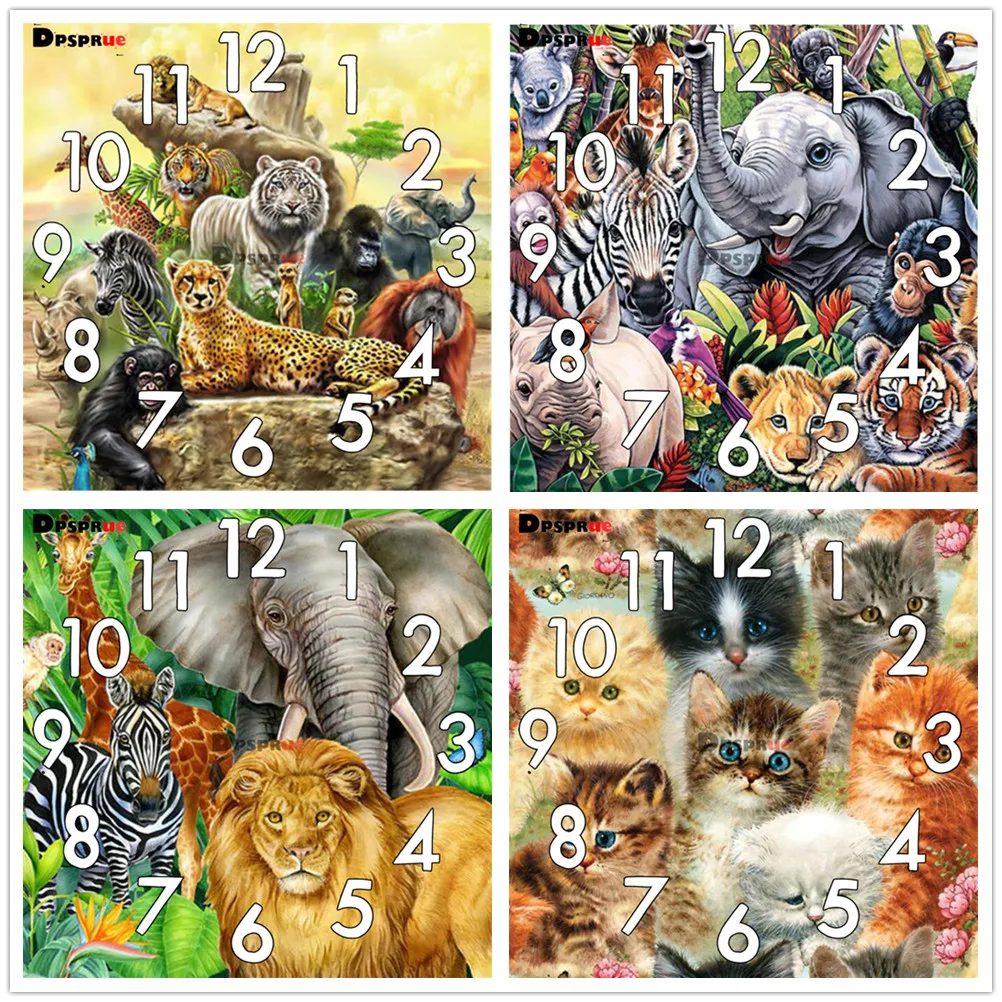 

Dpsprue Full Diamond Painting Cross Stitch With Clock Mechanism Mosaic 5D Diy Square Round Animals 3d Embroidery Gift HG1508