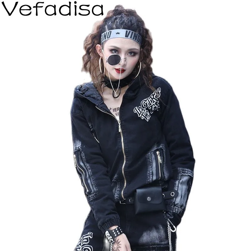 

Vefadisa Street Style Fashion Print Stitching Denim Jacket Loose Hooded Quilted Padded Denim Jacket 2021 Winter Fashion TT523