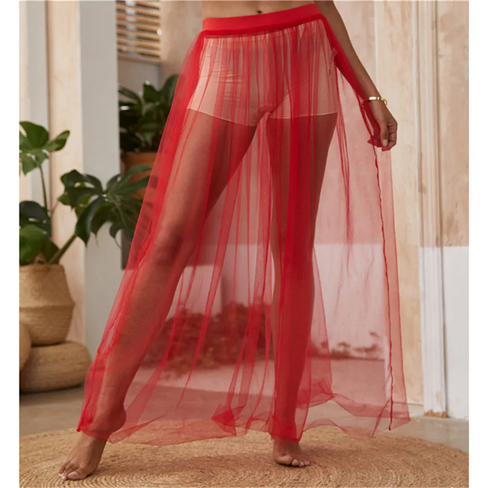 

CHYAOWU Red Voile Beach Outing Sunscreen Women's Skirt Sexy See-Through Fluorescent Color Long High-Waisted Skirts Beachwear