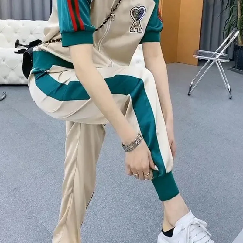 

Embroidery Color Matching Sets Women 2021 Summer New O-Neck Short Sleeve Blouse+Sports Pants Two Piece Suit Female Trend 445